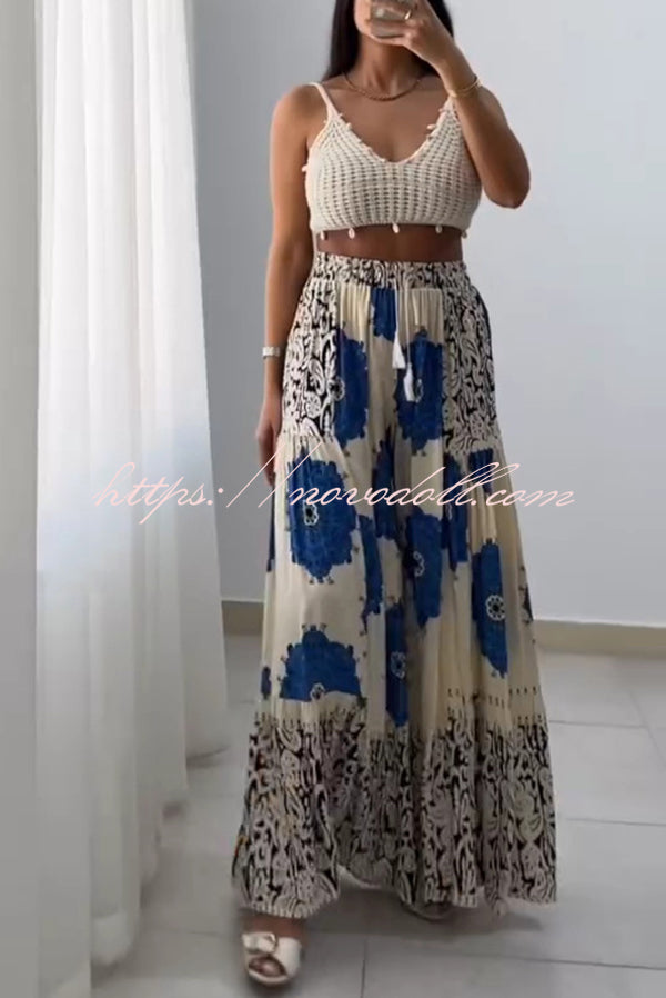 Unique Print Elastic High Waist Tie Pocket Holiday Style Wide Leg Pants