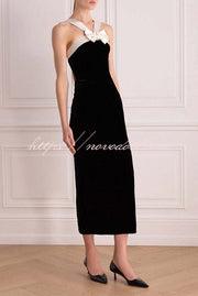 Sociable Elegance Velvet Contrast Bow Shoulder Strap Slit Stretch Midi Dress