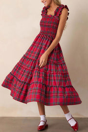 Plaid Print Ruffled Halter Pleated Sleeveless Casual Midi Dress