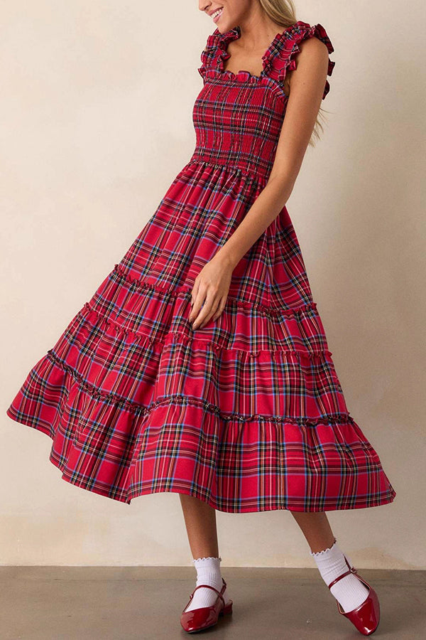 Plaid Print Ruffled Halter Pleated Sleeveless Casual Midi Dress