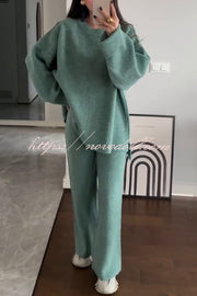 Solid Color Loose Long-sleeved Knit Top and Elastic Waist Casual Straight Leg Pants Set