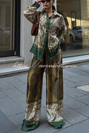 Naya Satin Contrast Color Paisley Long Sleeve Shirt and Elastic Waist Pocketed Pants Set