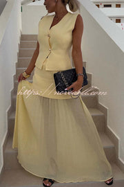Stylish and Elegant Knit Spliced Tulle Elastic Waist Pleated Maxi Skirt