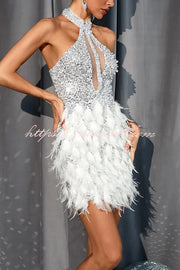Stylish Sequined Sleeveless Feather-embellished Slim-fit Mini Dress
