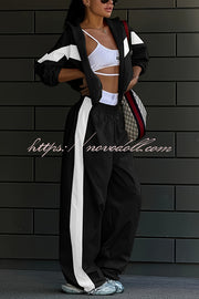 Fashionable Contrasting Long-sleeved Loose Coat and Elastic Waist Wide-leg Pants Set