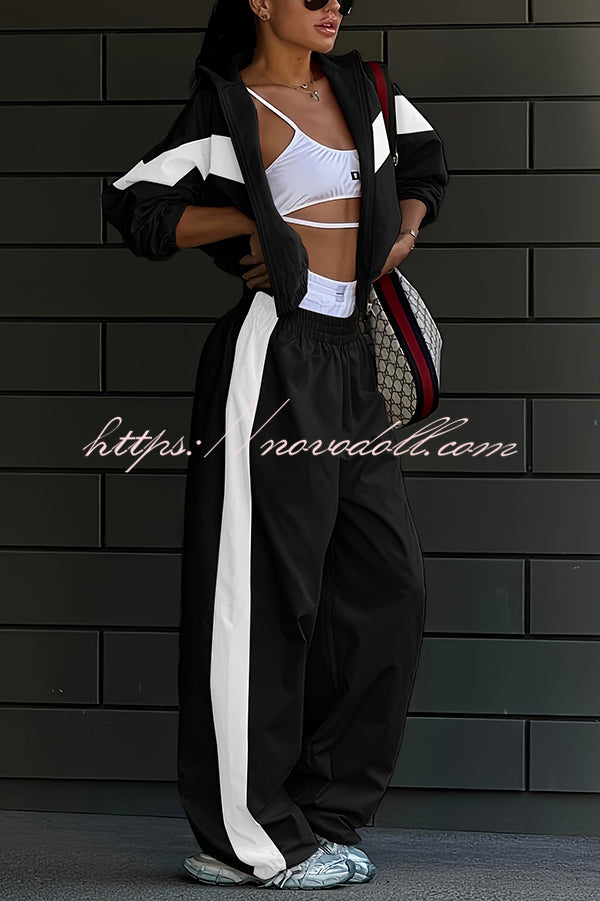 Fashionable Contrasting Long-sleeved Loose Coat and Elastic Waist Wide-leg Pants Set