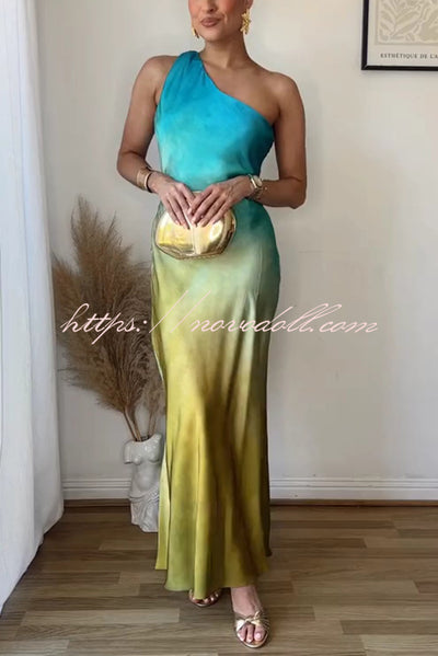 Satin Ombre One Shoulder Backless Fitted Maxi Dress