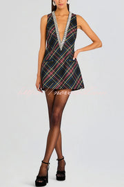 Elegant Demeanor Satin Gemstone Trim Deep V-Neck Tank H-line Mini Dress