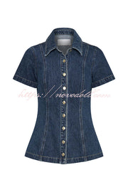 Modern Flavor Denim Short Sleeve Button Up Princess Seams Stretch Top