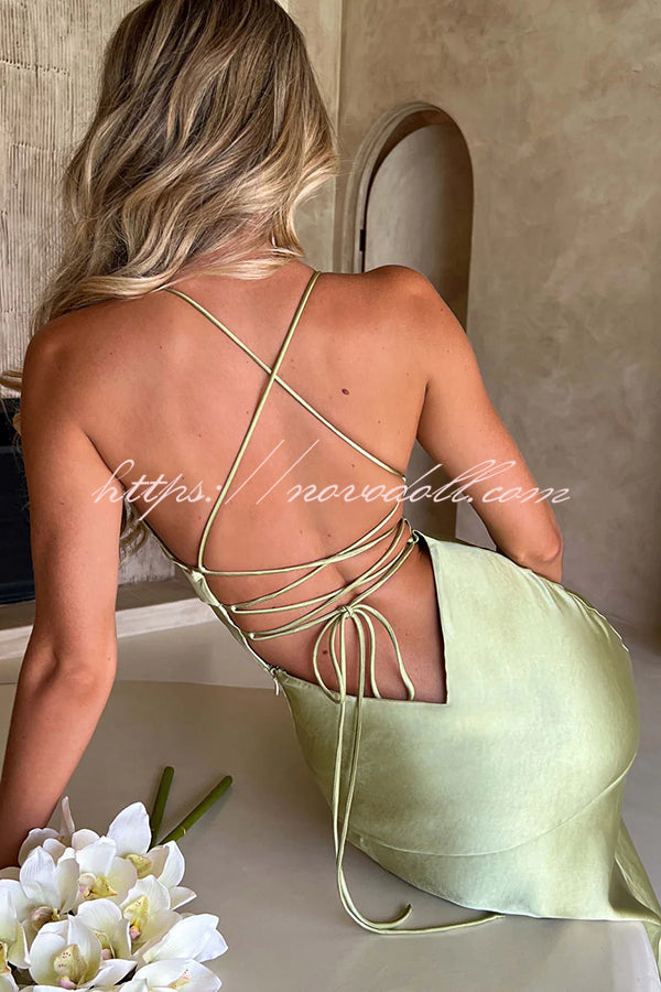 Satin Solid Color Sexy Backless Lace Up High Slit Maxi Dress