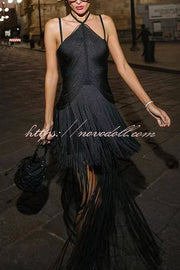 Sexy Halterneck Open Back Elegant Tassel Slim Maxi Dress