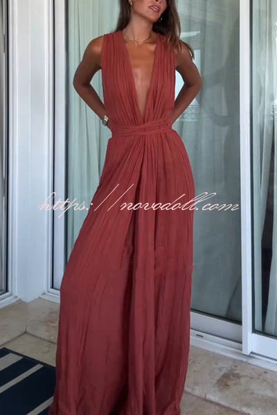 Resort Style V-neck Tie Pleated Casual Jumpsuit