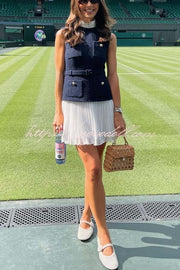 Sporty Elegance Tweed Metal Button Belted Pleated Hem Mini Dress