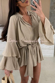 Molly Linen Blend Tiered Bell Sleeve Tie-up Cover-up Mini Dress