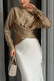Solid Color Satin Long-sleeved Crossover Casual Shirt