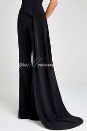 Pippa High Neck Short Sleeve Irregular Drape Hem Top and Elastic Waist Flare Pants Set