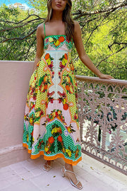 Enjoy Summer Lemon Linen Blend Unique Print Smocked Back Pocket Maxi Dress