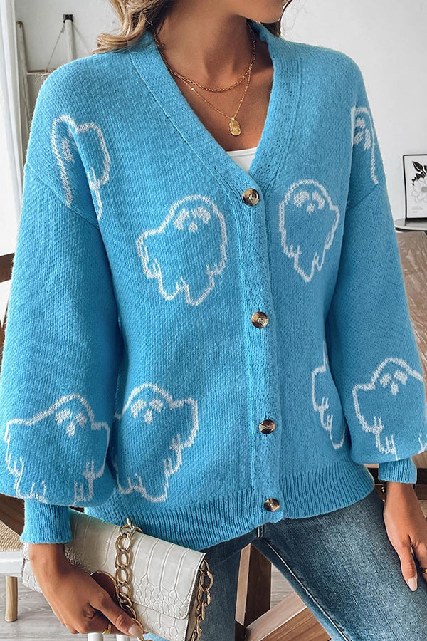 Halloween Ghost Pattern Casual Button-Down Knit Sweater