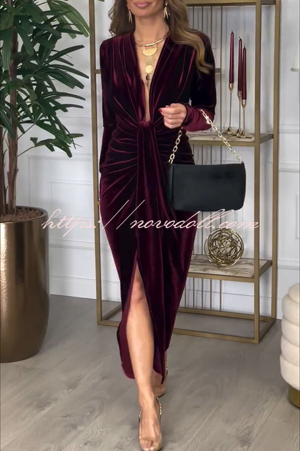 Creating Romance Velvet Ruched Drape Long Sleeve Stretch Maxi Dress