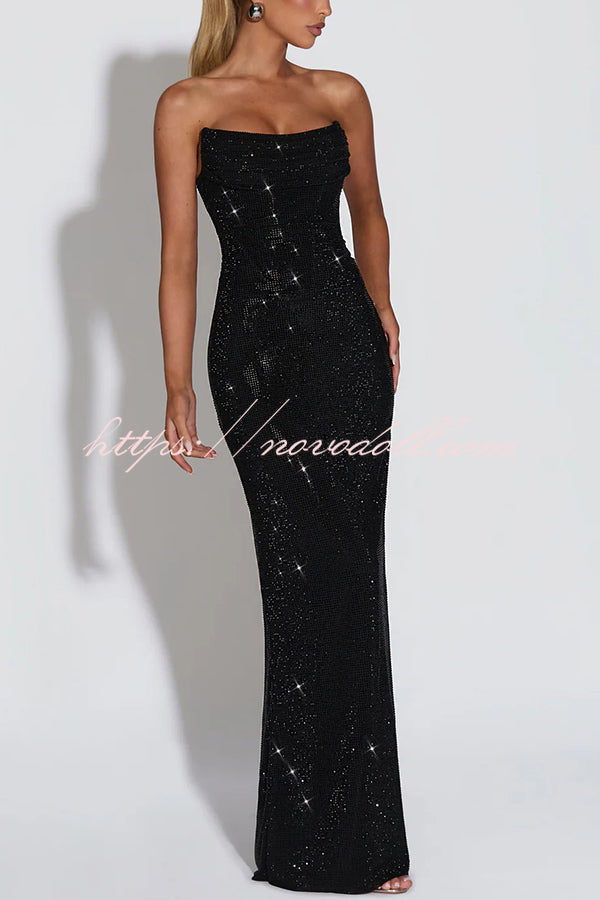 Mirabella Sequin Pleated Cowl Scooped Neckline Back Lace-up Strapless Maxi Dress