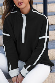 Stylish Color-blocked Trim Loose Casual Pocket Sweatshirt