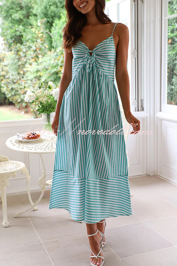 Striped Print Suspenders Gathered Lace-up Loose Midi Dress