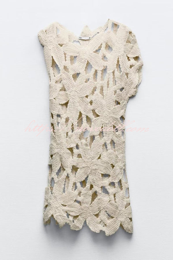 Fashion Crochet Hollow Loose Beach Cover-up Mini Dress