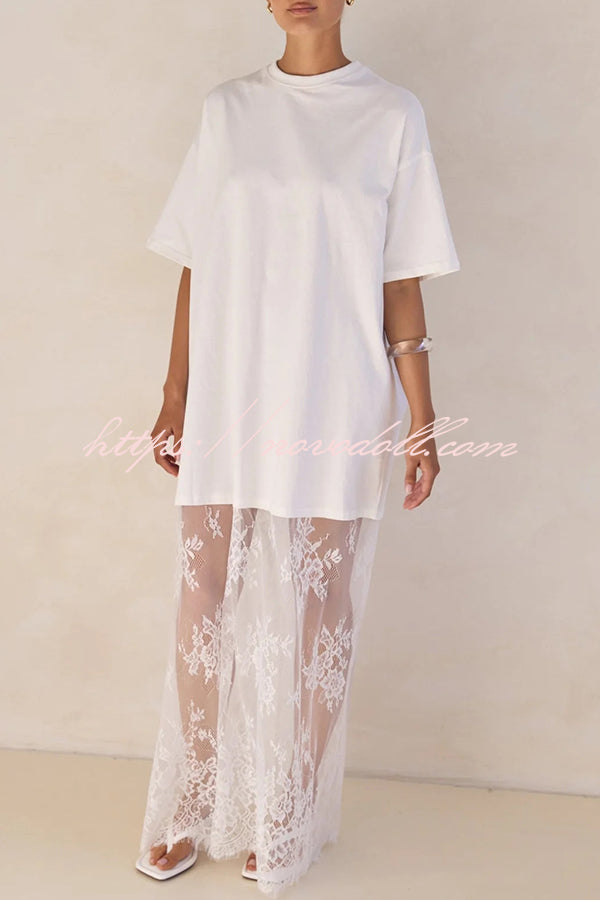Ophelia Short Sleeve Sheer Floral Lace Hem Oversized T-shirt Maxi Dress