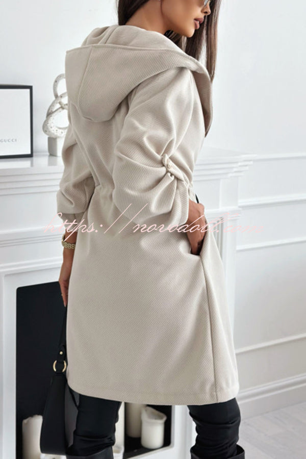 Effortless and Warm Textured Fabric Drawstring Waist Pocket Hooded Midi Coat