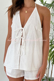 Linen Blend Solid Sleeveless Halter Top and Elastic Waist Tie Shorts Set