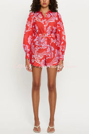 Linen Blend Botanical Print Lapel Puff Sleeve Loose Tie Casual Rompers