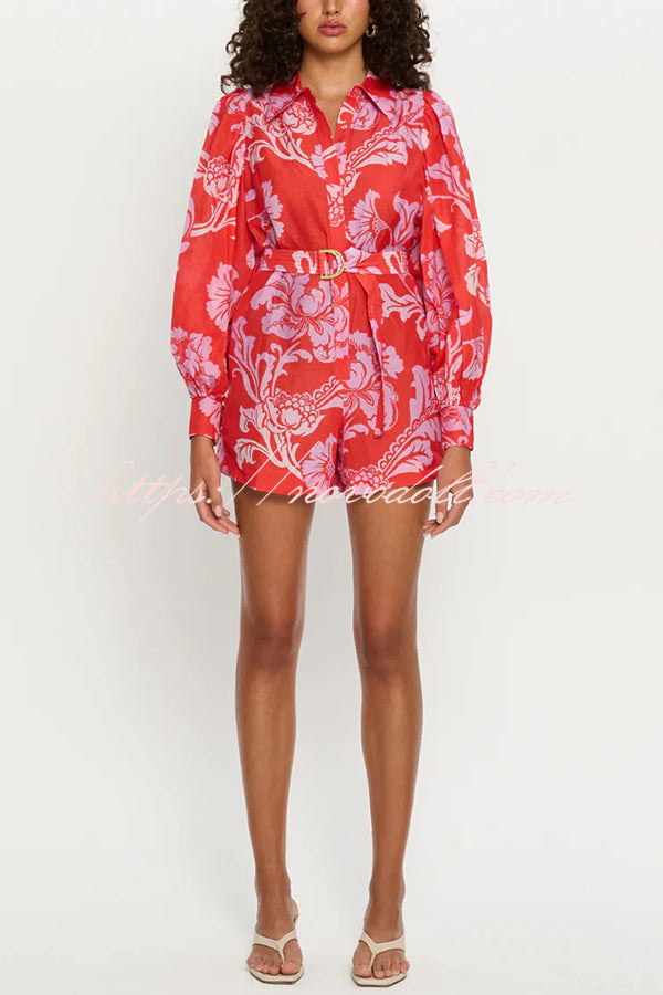 Linen Blend Botanical Print Lapel Puff Sleeve Loose Tie Casual Rompers