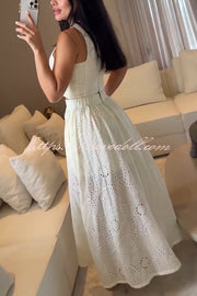 Kaya Embroidery Hollow Lace Back Smocked Tank and Elastic Waist A-line Maxi Skirt Set