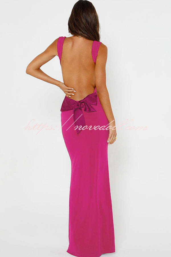 Sexy Backless Stitching Bow Slim Maxi Dress