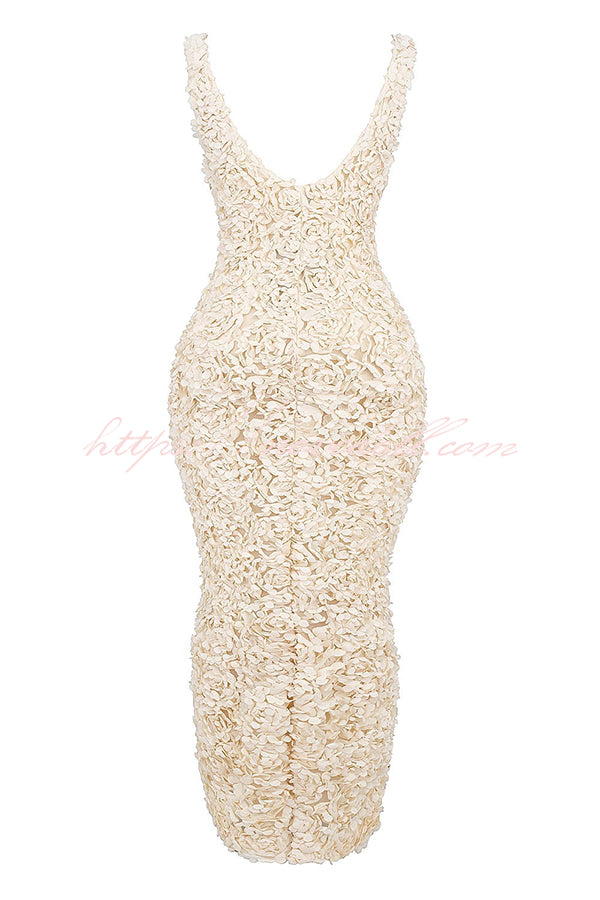 Champagne Party Rose Floral Applique Slit Pencil Maxi Dress