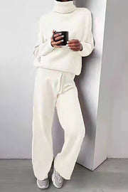 Solid Color Turtleneck Long-sleeved Knit Top and Elastic Waist Casual Pants Set