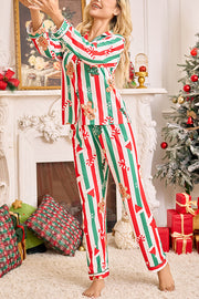 Color-blocked Striped Christmas Print Casual Long-sleeved Shirt and Elastic Waist Pants Set