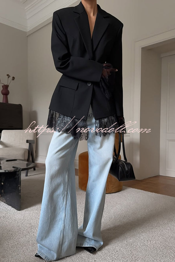 Solid Color Lace Panel Long Sleeve Button Elegant Blazer