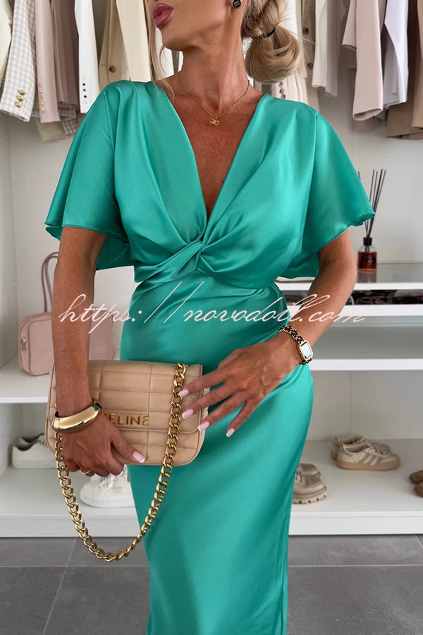 Satin Solid Color V-neck Cross Knot Slim Maxi Dress