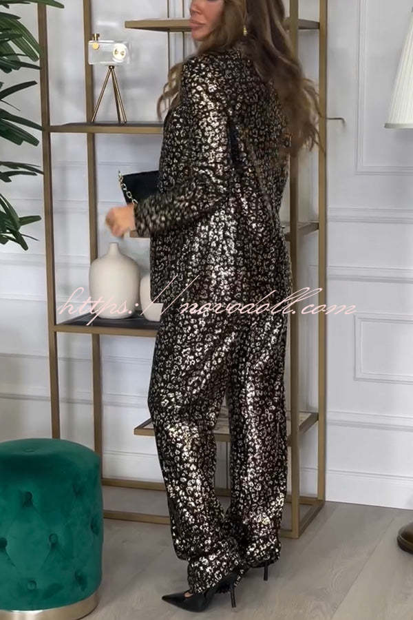 Mona Leopard Metallic Fabric Lapel Boyfriend Blazer and Elastic Waist Pocketed Loose Pants Set