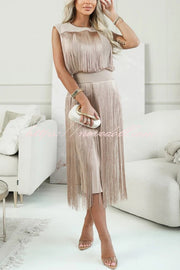Elegant and Modern Draped Tassel Design Sleeveless Stretch Midi Dress