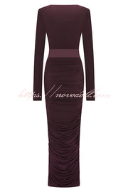 Sexy See-through Long-sleeved V-neck Pleated Slim-fit Maxi Dress