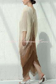 Fashionable Color-blocked Multi-layered Tassel Loose Midi Dress