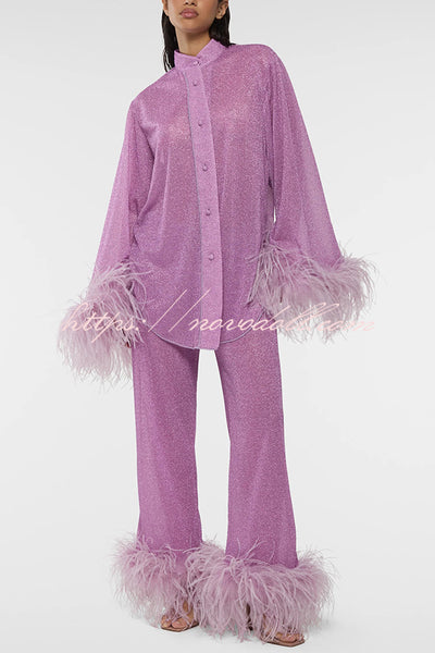 Glitter Fabric Feather Trim Long Sleeve Button Top and Elastic Waist Loose Straight Pants Set