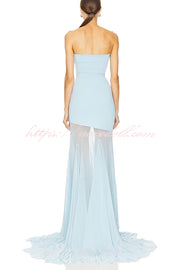 Blue Sky Off Shoulder Contrast Sheer Mesh Fabric Stretch Maxi Dress