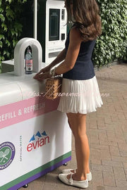 Sporty Elegance Tweed Metal Button Belted Pleated Hem Mini Dress