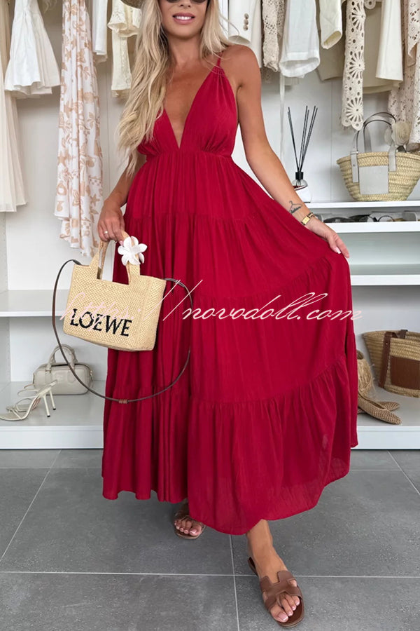 Bohemian Style V-neck Backless Slip Layered Vacation Maxi Dress