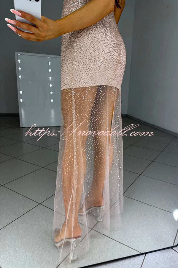 Olivia See-through Mesh Sequin Fabric Warp V-neck Party Maxi Dress