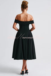 Princess Temperament Batdot Neck Pleat Detail Midi Dress