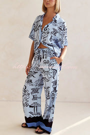 Fashionable Plant Print Loose Lapel Short Sleeve Shirt and Casual Elastic Waist Pocket Pants Set